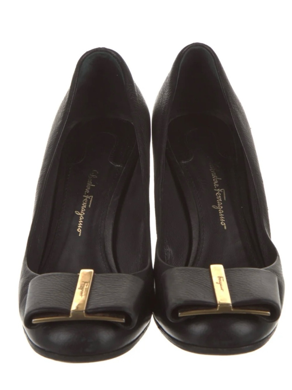 Salvatore Ferragamo Black Leather Vara Bow Flats with Gold Accent